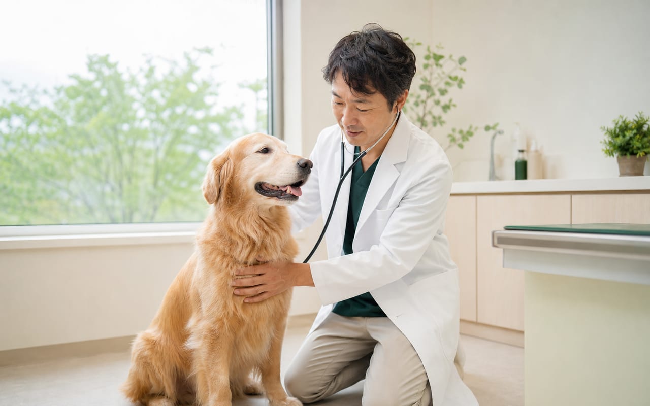 院長 緑山慎一郎が大型犬を診察する様子