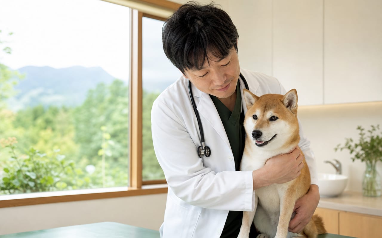 院長 緑山慎一郎が柴犬を優しく抱く様子