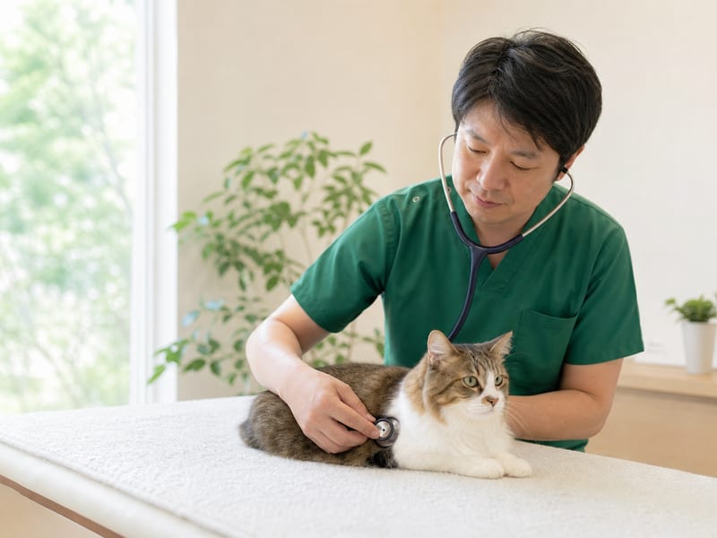 猫を診察する獣医師の手元