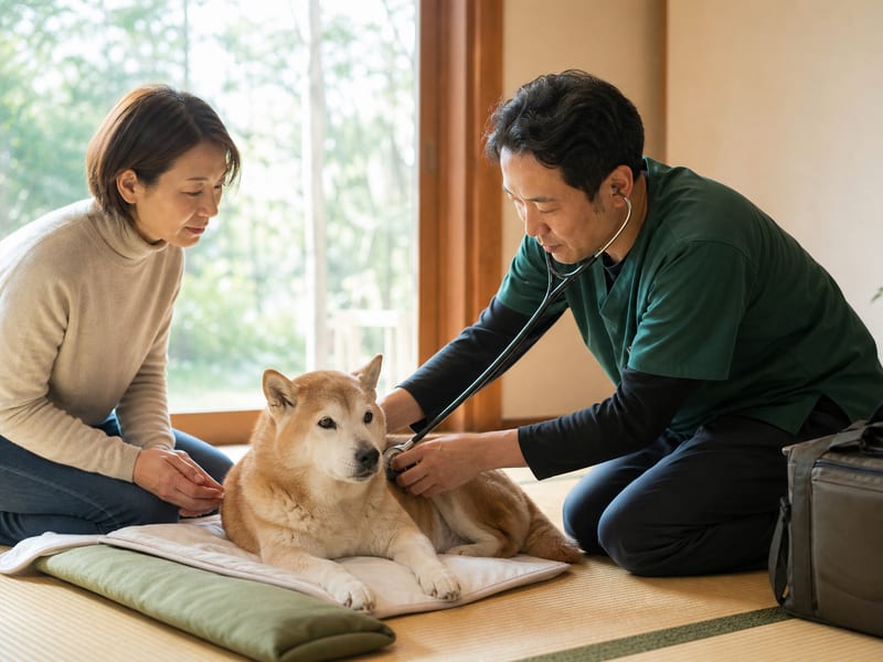 自宅で訪問診療を受けるシニア柴犬